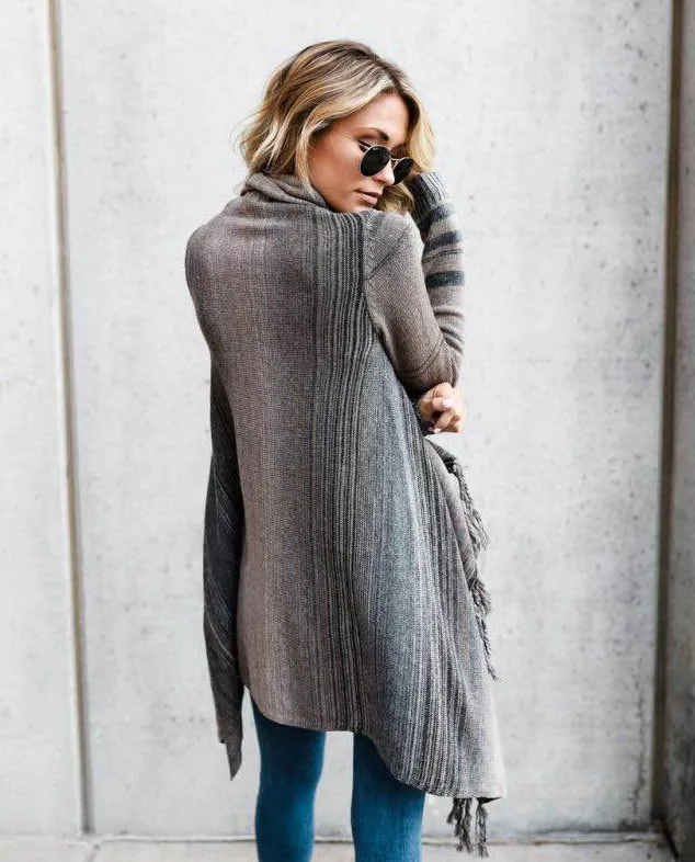 GlamzLife's Mid Length Slim Fringe Striped Sweater Coat