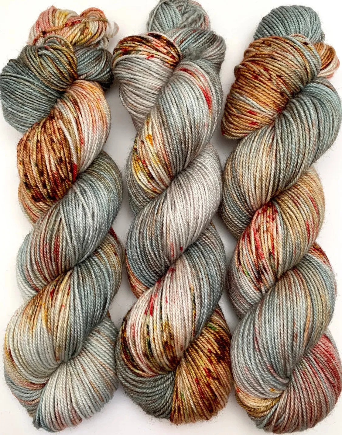 Hand Dyed Yarn "Pheasant Plucker" Green Grey Brown Gold Avocado Copper Scarlet Speckled SW Polwarth DK 246yds 100g
