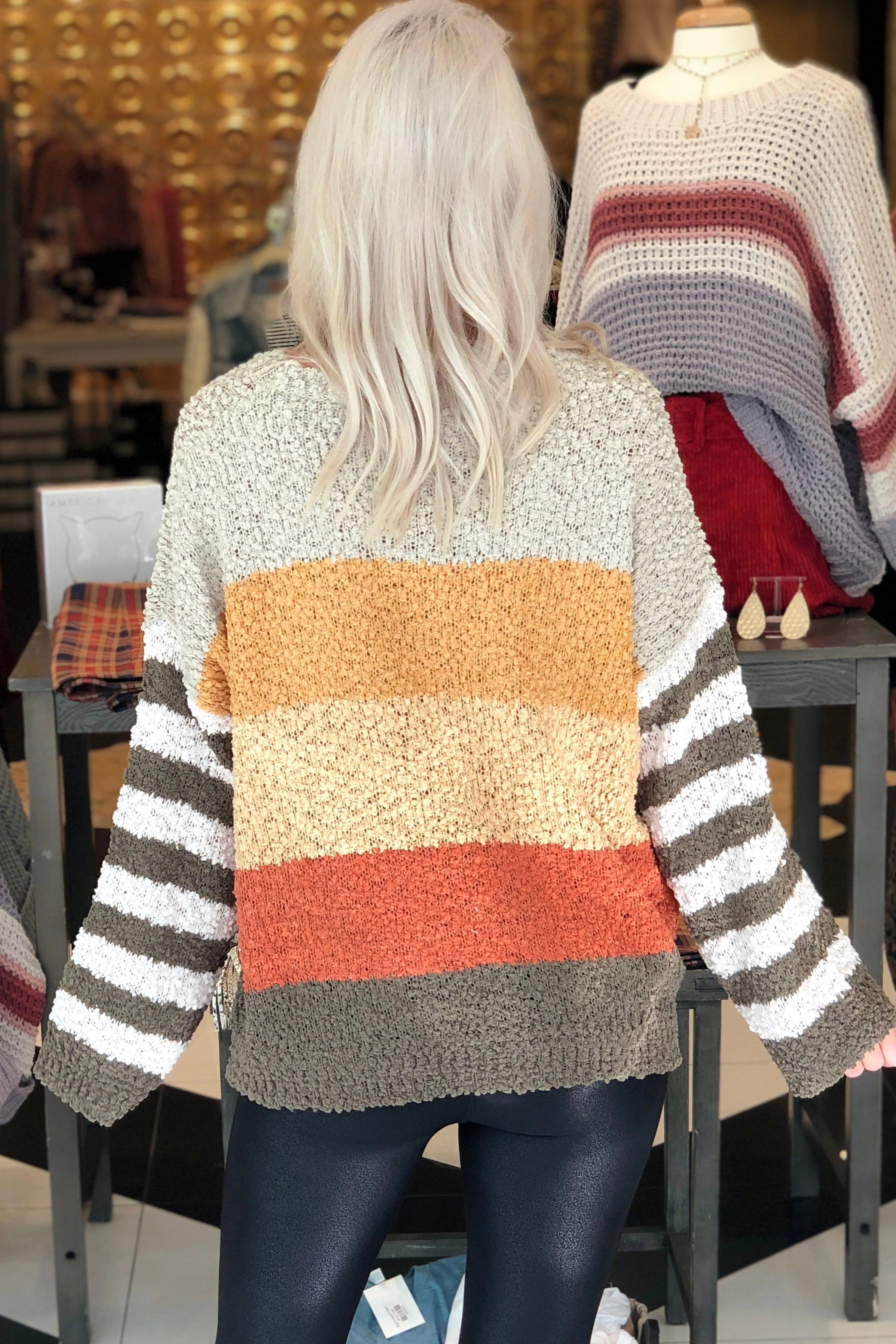 Harvest Hottie Striped Popcorn Sweater - Olive