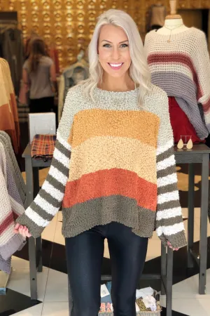 Harvest Hottie Striped Popcorn Sweater - Olive