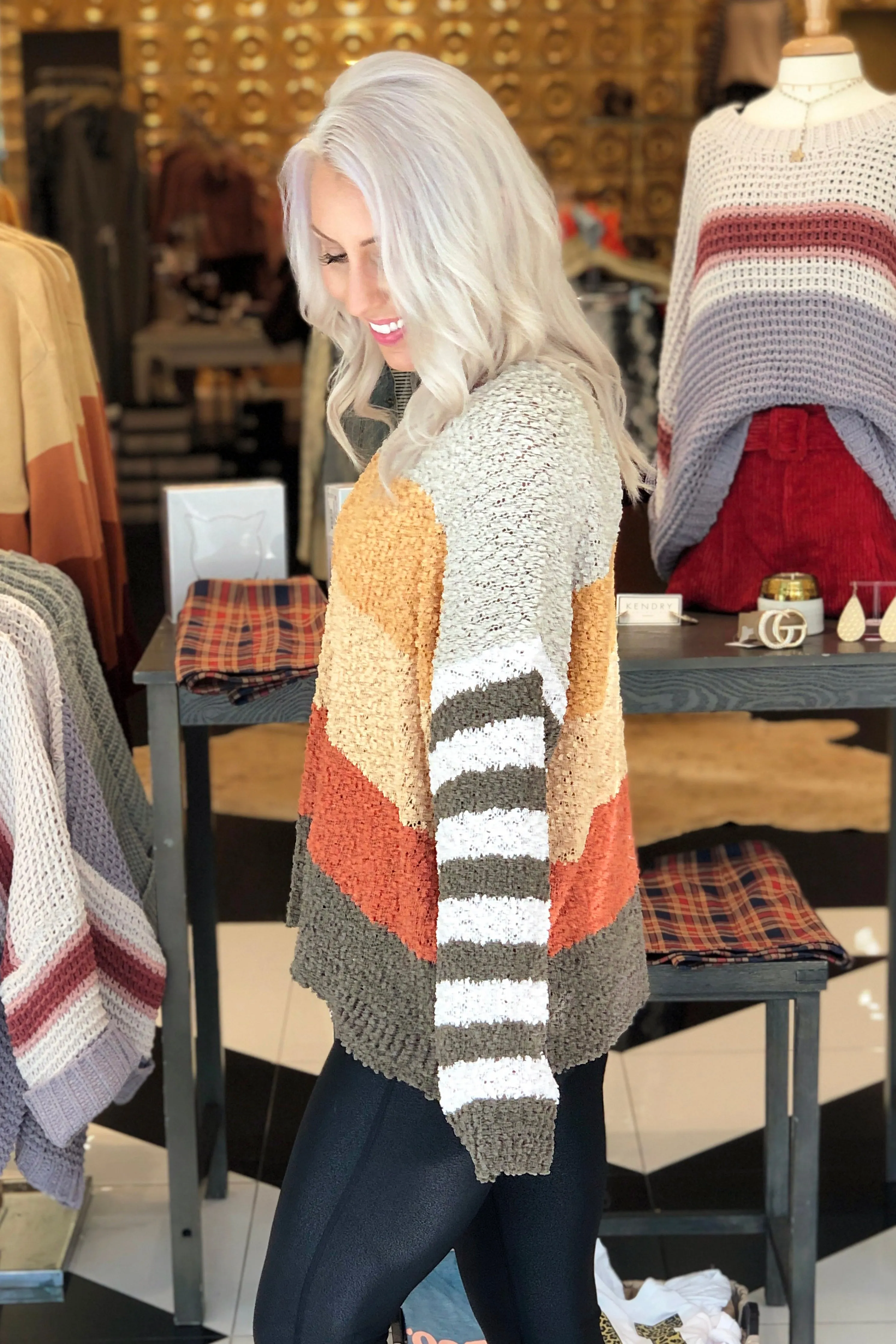 Harvest Hottie Striped Popcorn Sweater - Olive