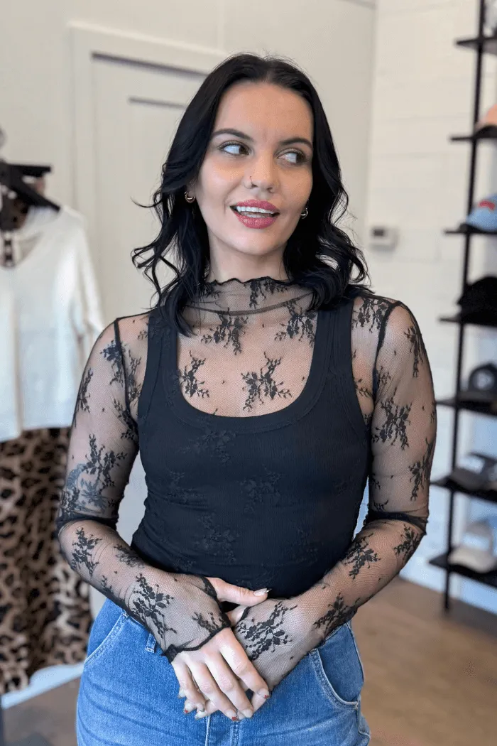High Neck Lace Fitted Top in Black