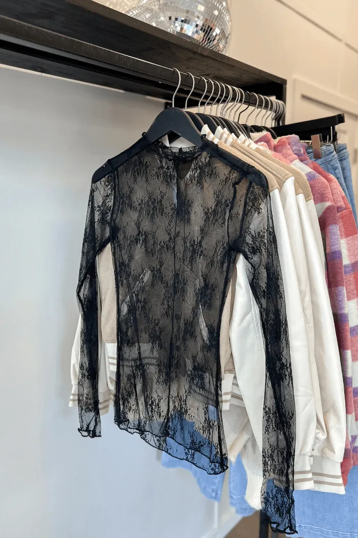 High Neck Lace Fitted Top in Black