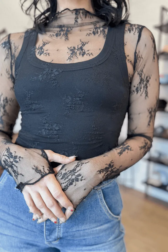 High Neck Lace Fitted Top in Black