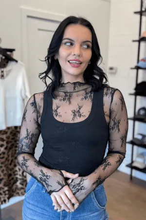 High Neck Lace Fitted Top in Black