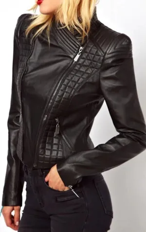 Hot Women Black Genuine Leather Quilted Jacket By TJS