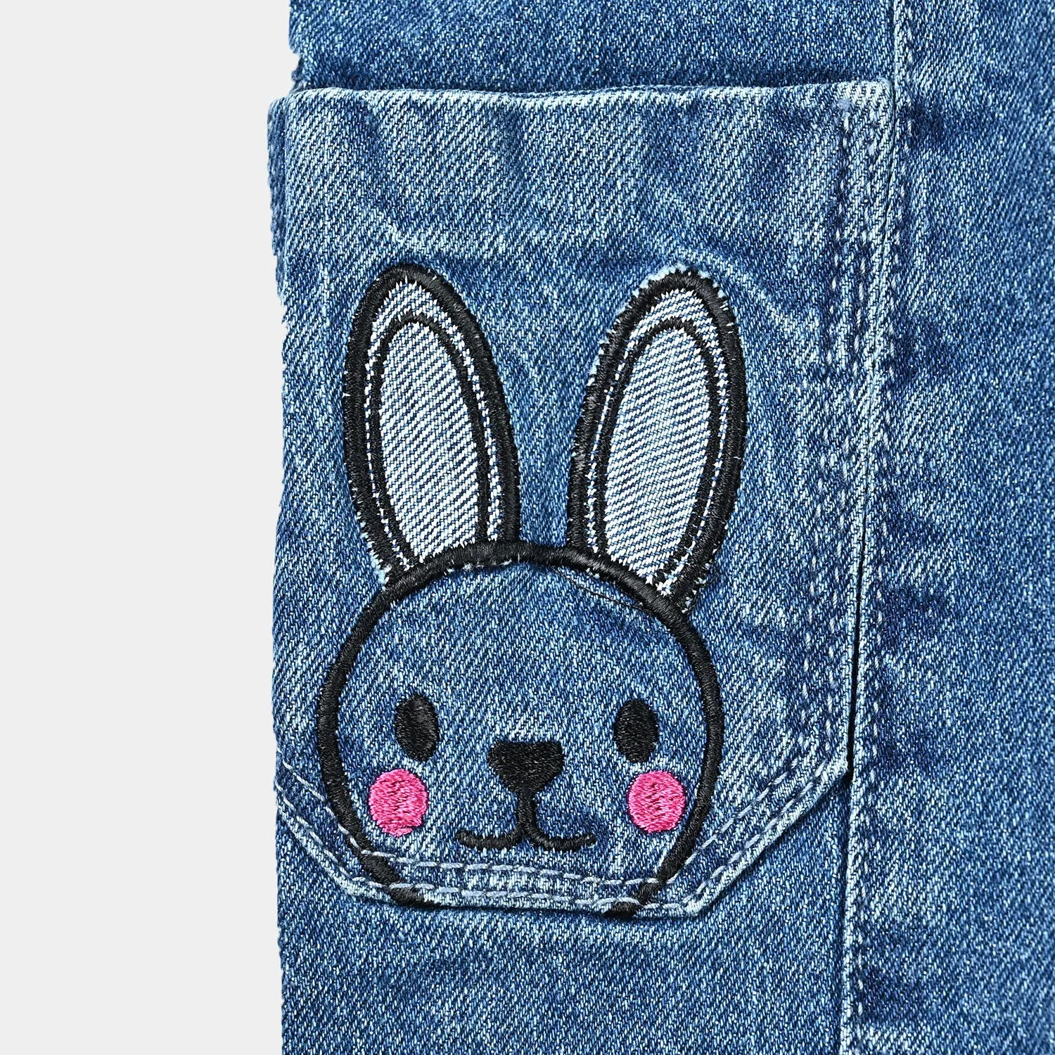 Infant Girls Denim Stretch Pant Pocket Full Of Bear-Mid Blue