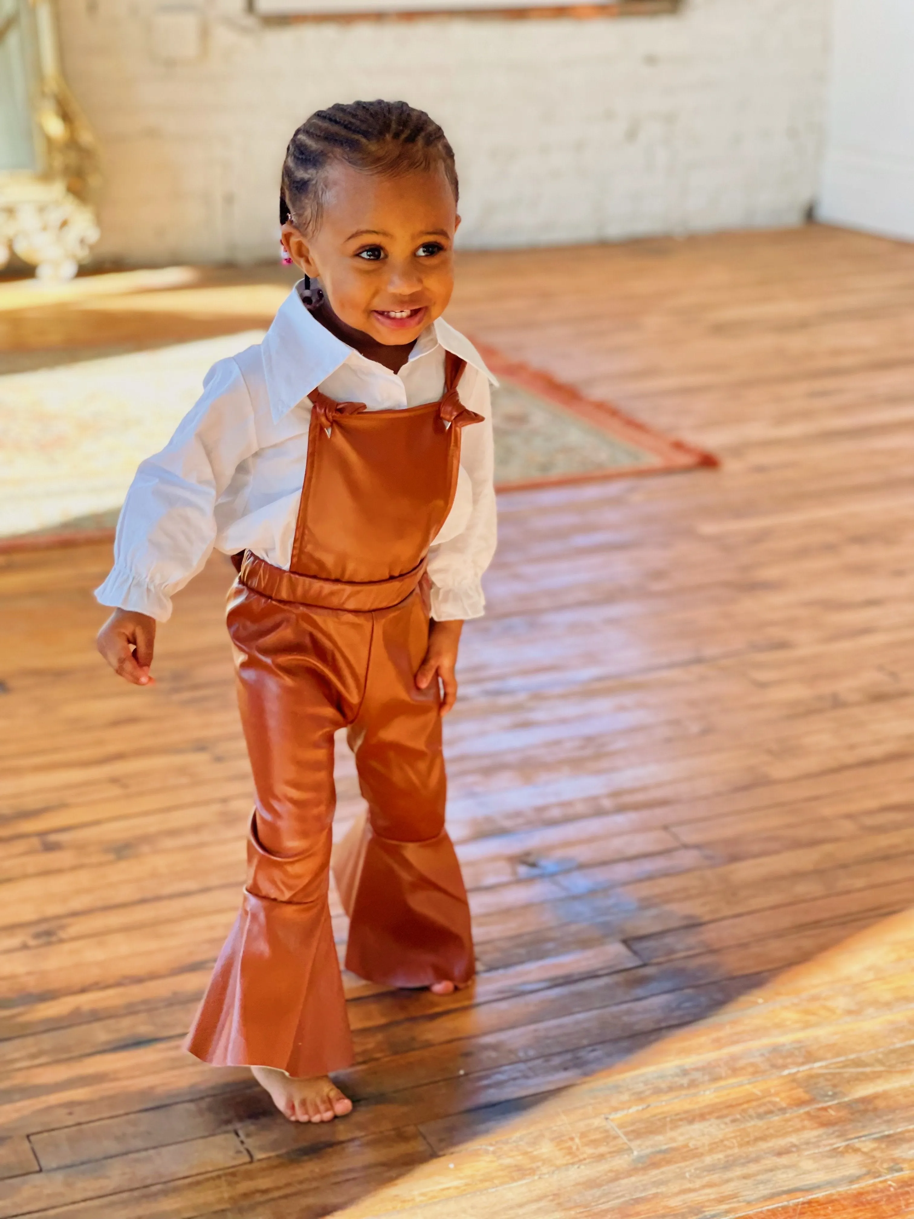 Khaki Brown Flare Pant Suspenders Jumpsuit for Toddler Girl