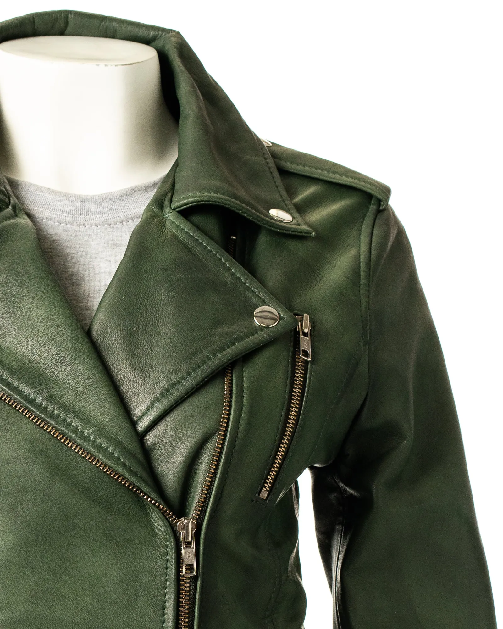 Ladies Forest Green Buckled Asymmetric Biker Style Leather Jacket: Angelica