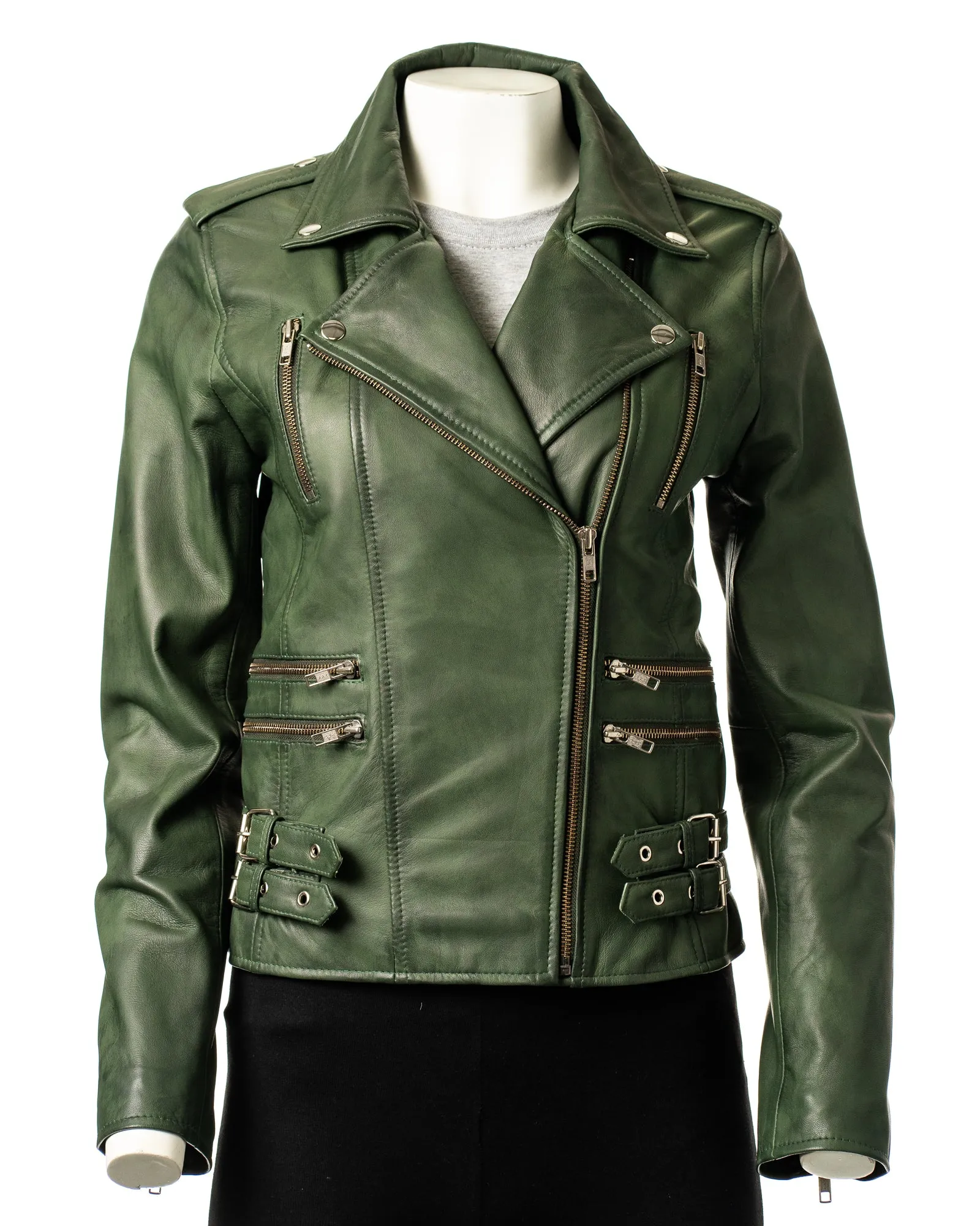 Ladies Forest Green Buckled Asymmetric Biker Style Leather Jacket: Angelica