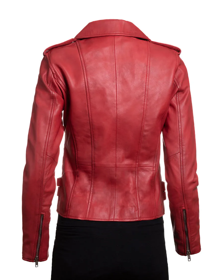 Ladies Red Buckled Asymmetric Biker Style Leather Jacket: Angelica