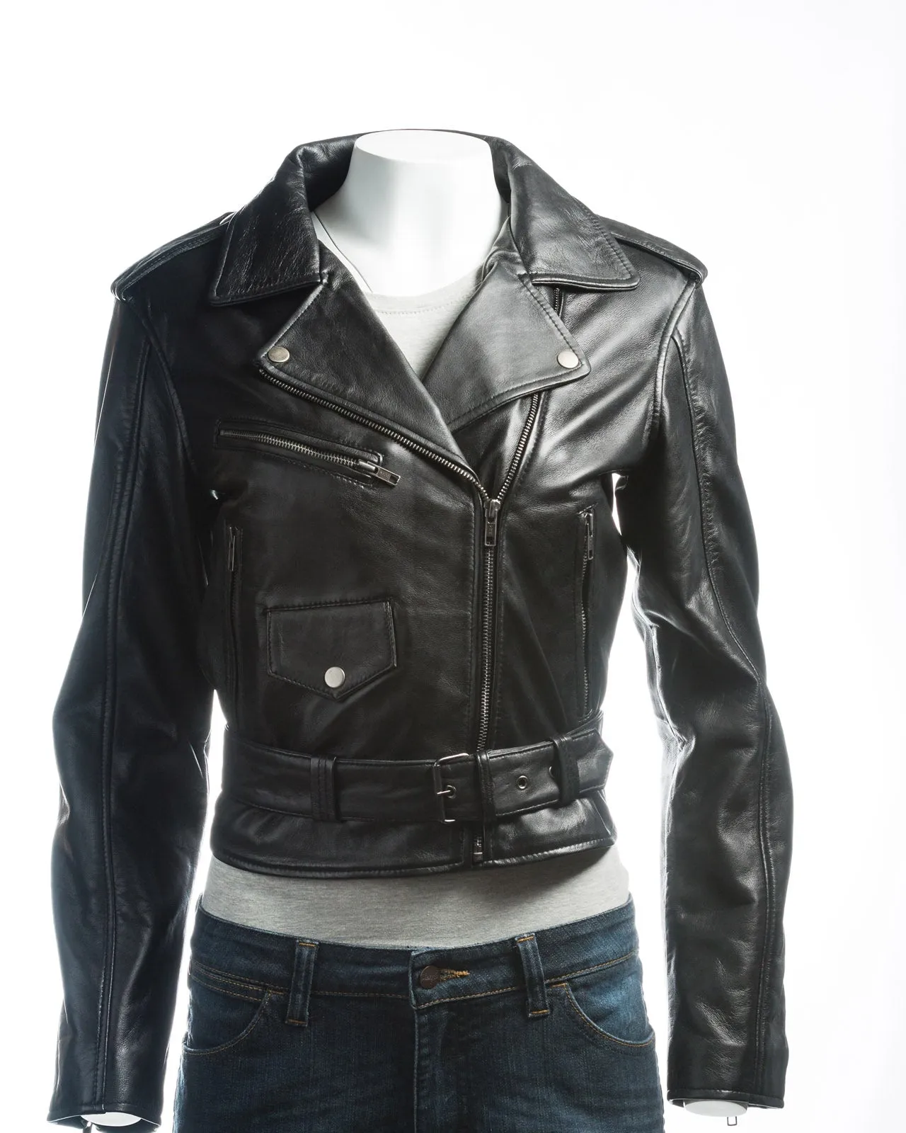 Ladies Short Fitted Asymmetric Zip Leather Biker Jacket: Alessandra