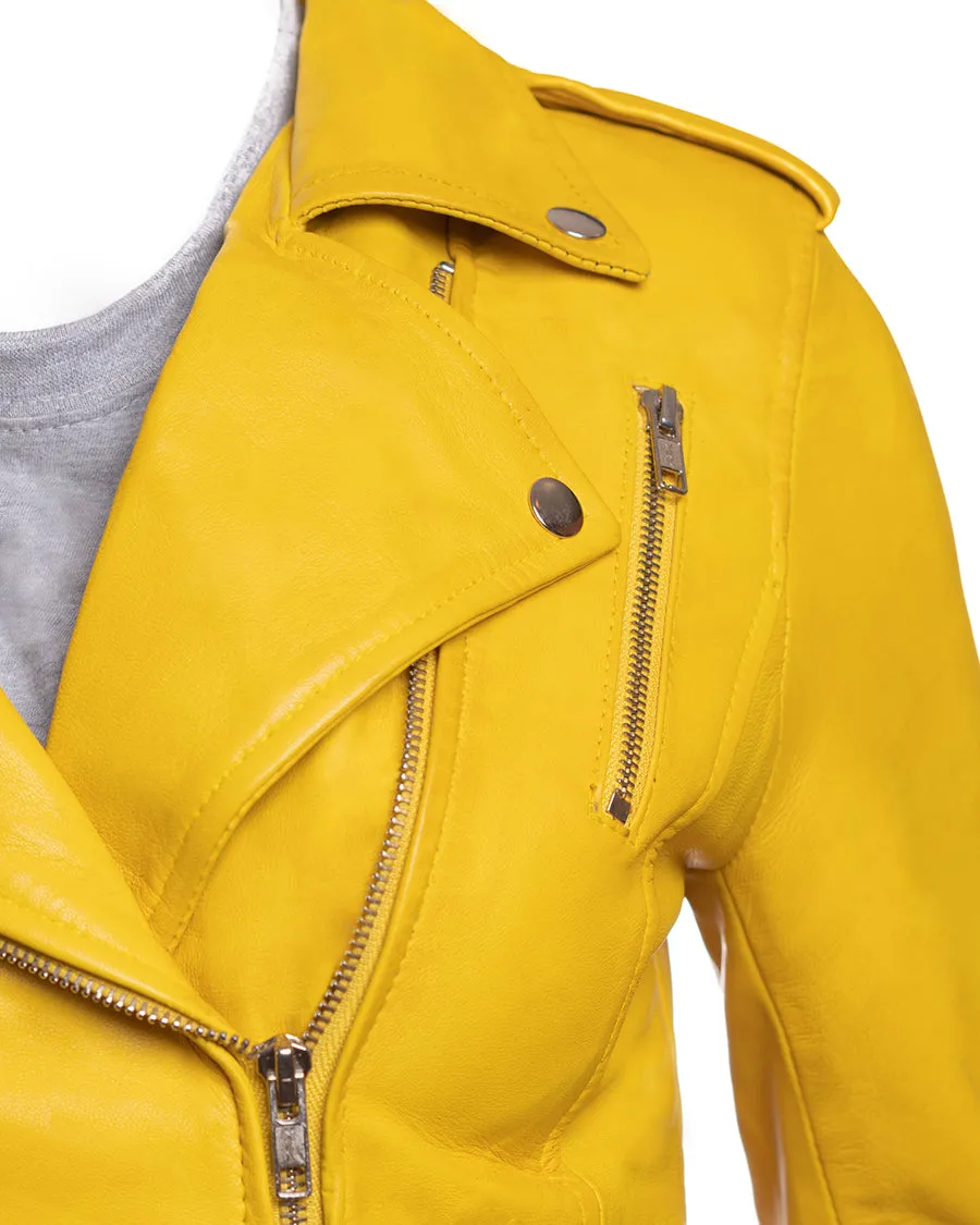Ladies Yellow Buckled Asymmetric Biker Style Leather Jacket: Angelica