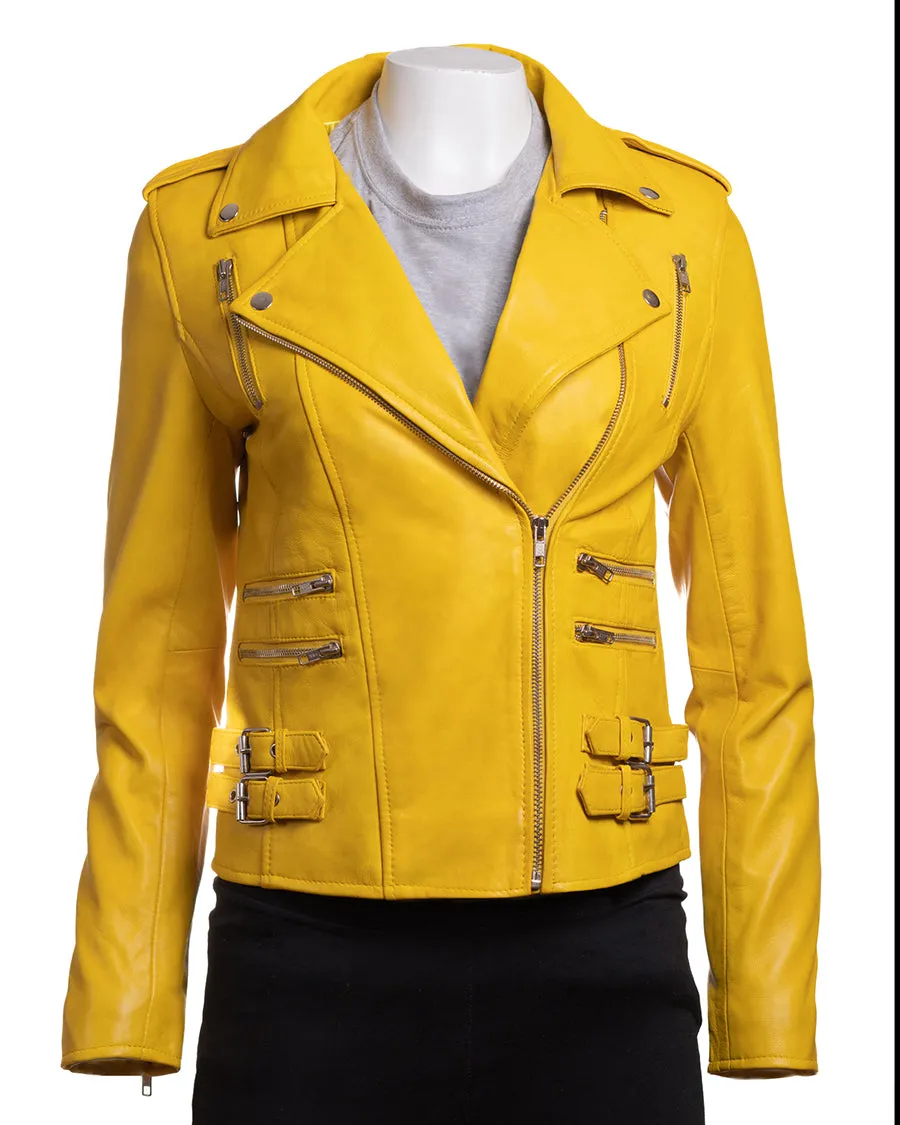 Ladies Yellow Buckled Asymmetric Biker Style Leather Jacket: Angelica