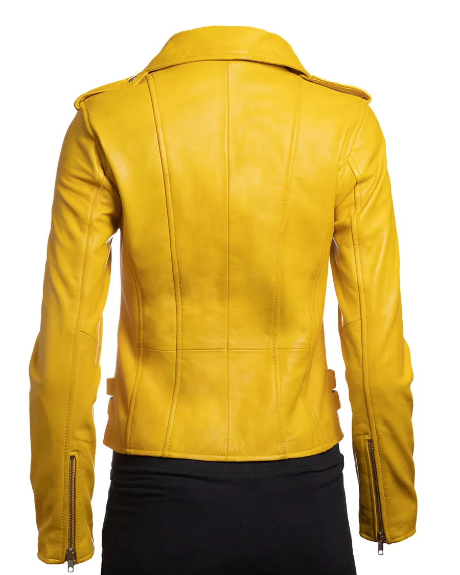 Ladies Yellow Buckled Asymmetric Biker Style Leather Jacket: Angelica