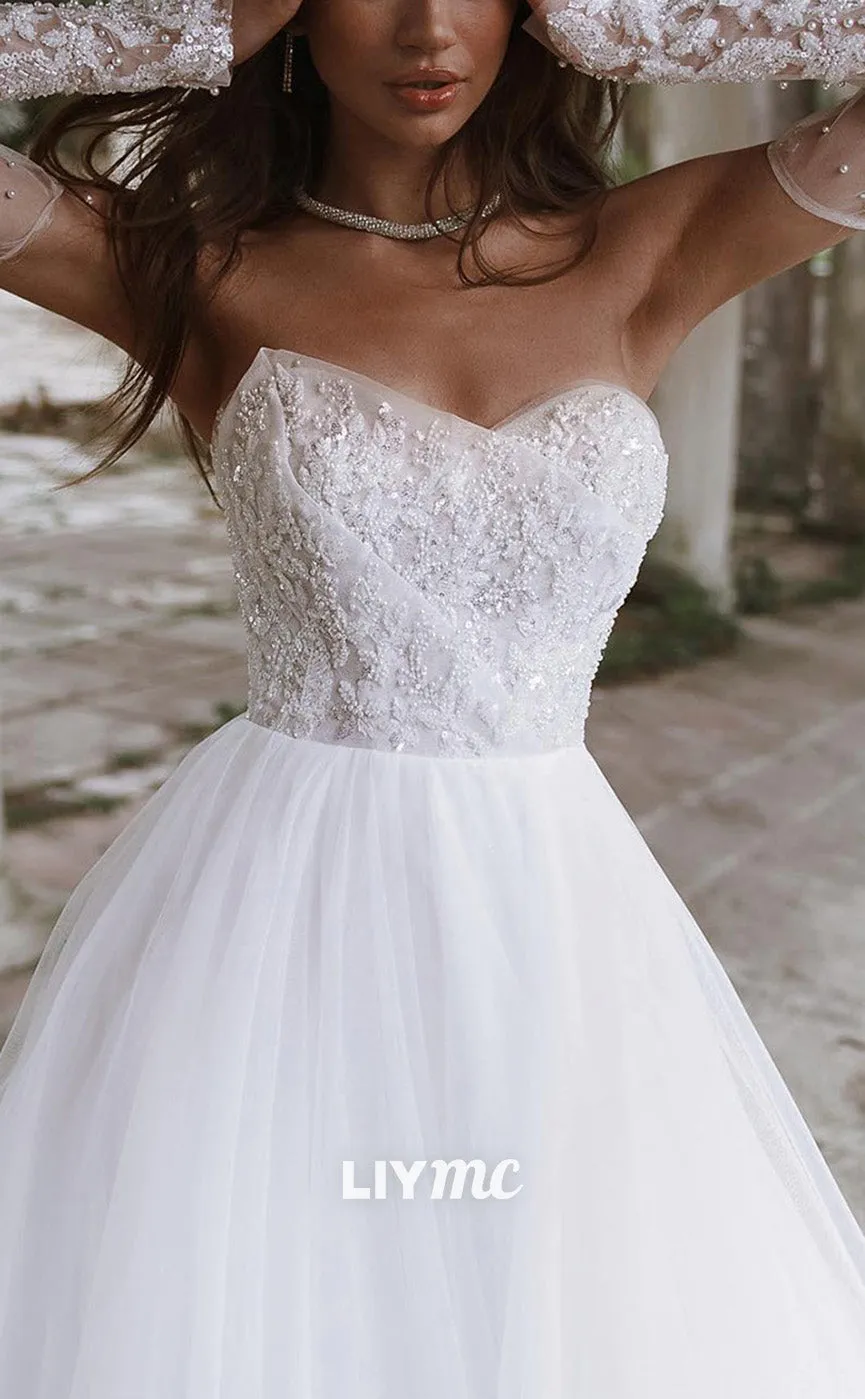 LW865 - Strapless Sleeveless Appliques Beaded A-Line Wedding Dress