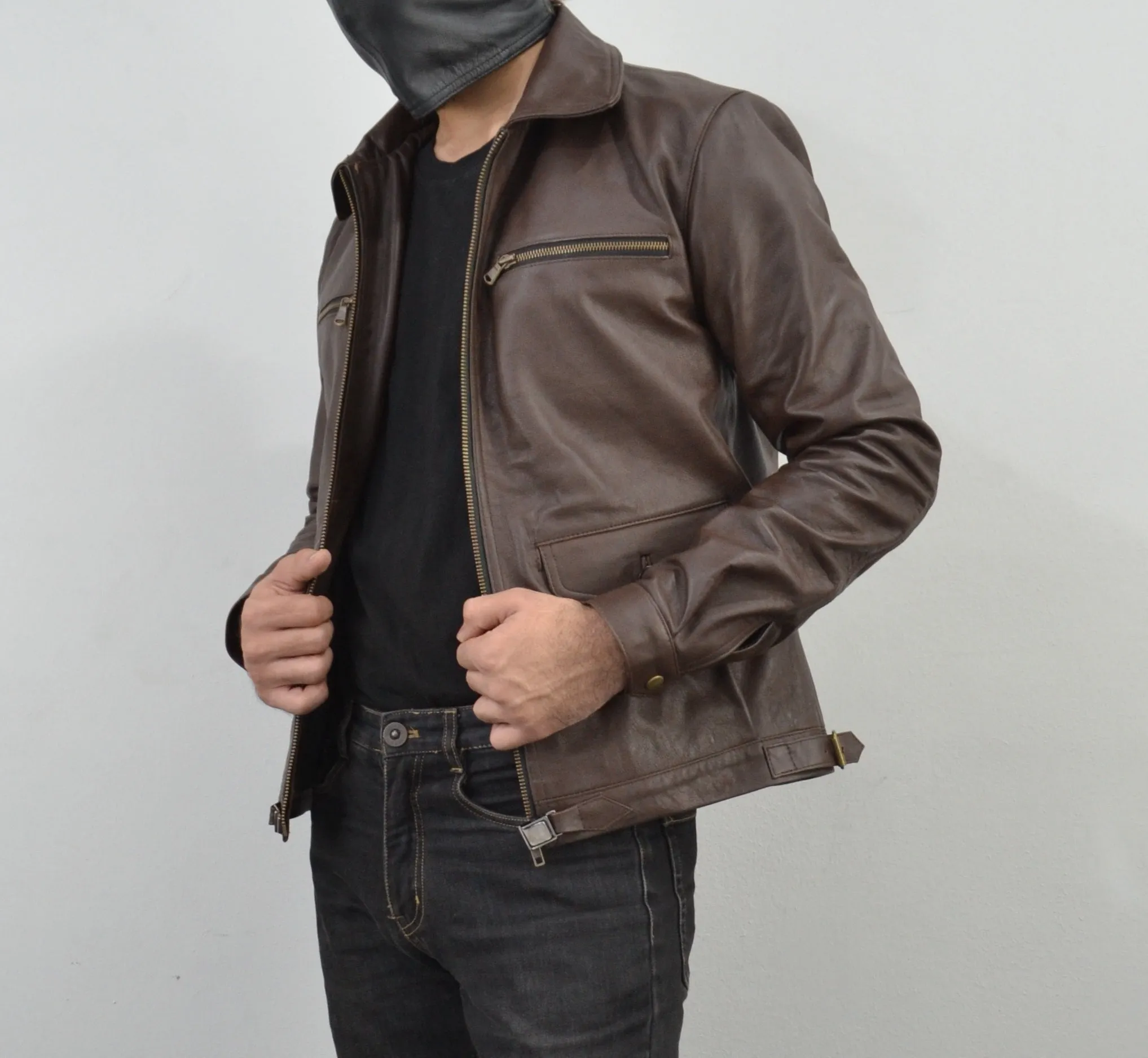 Mens Brown Four Pocket Cafe Racer Real Leather Jacket