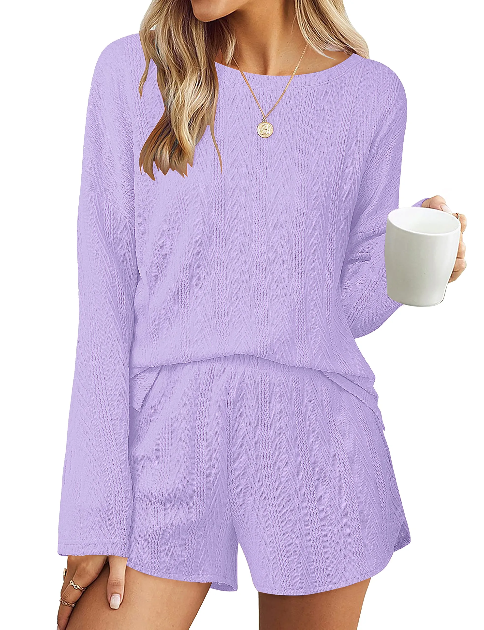 MEROKEETY Cable Knit Long Sleeve Tops and Shorts Pajamas Set