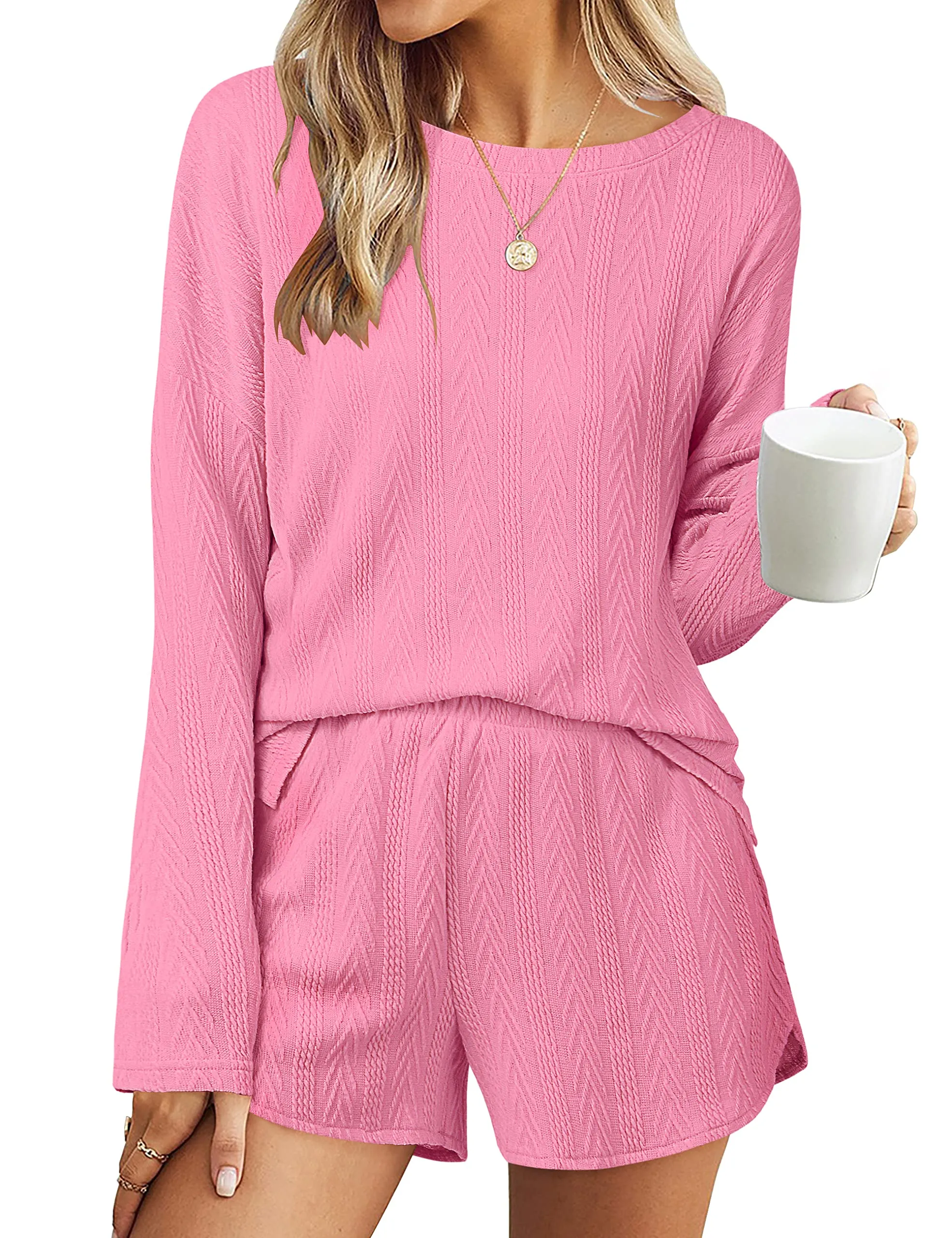 MEROKEETY Cable Knit Long Sleeve Tops and Shorts Pajamas Set