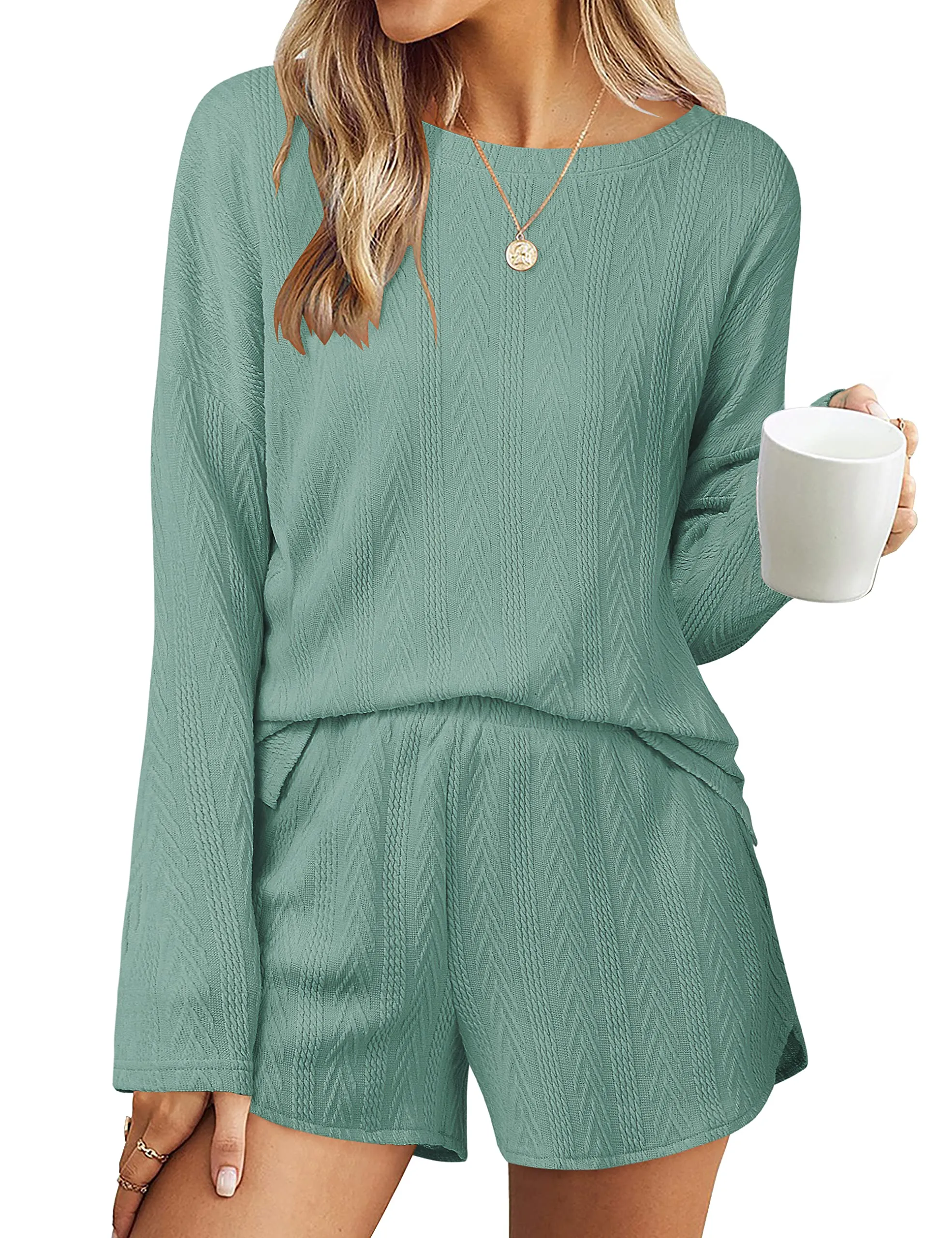 MEROKEETY Cable Knit Long Sleeve Tops and Shorts Pajamas Set