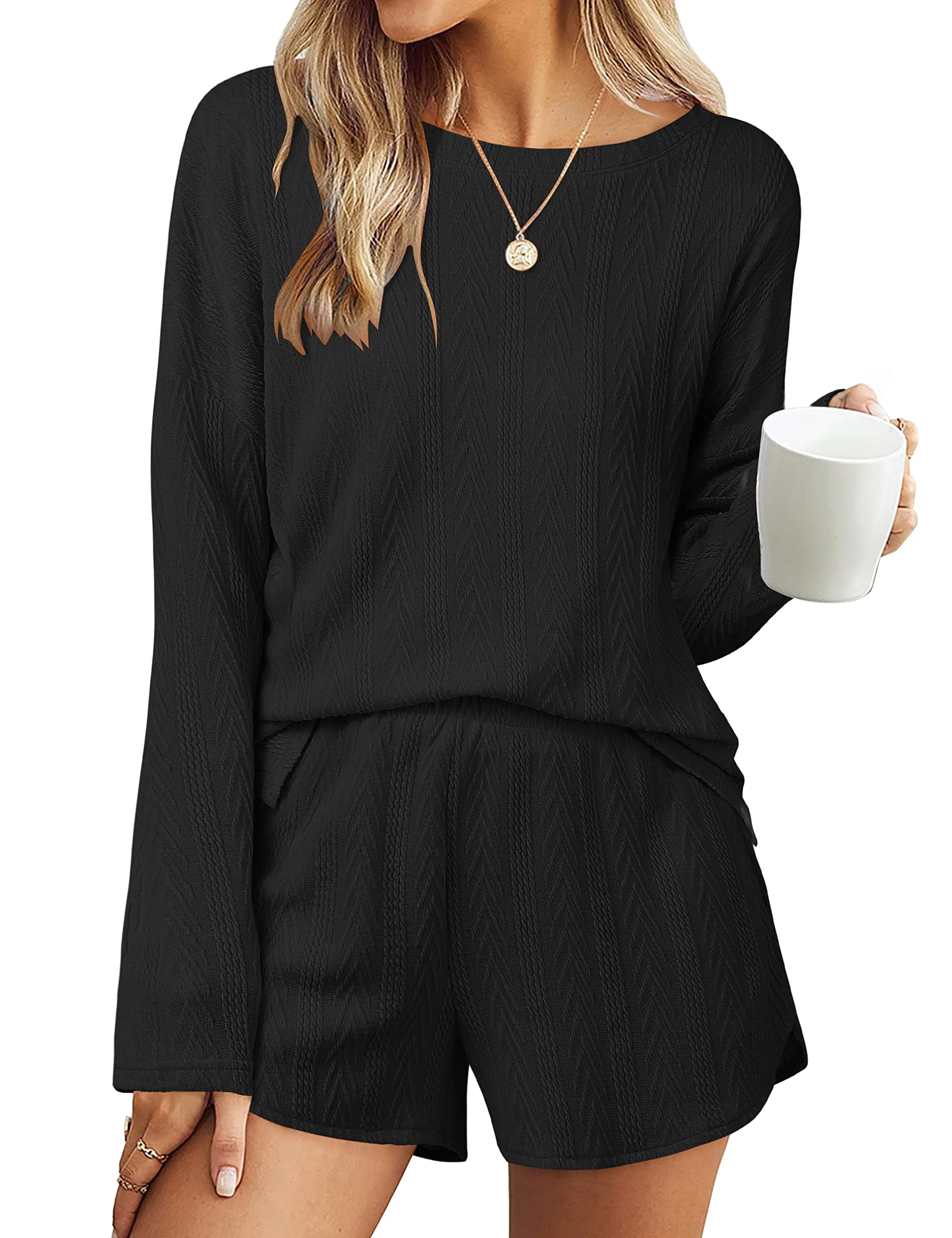 MEROKEETY Cable Knit Long Sleeve Tops and Shorts Pajamas Set