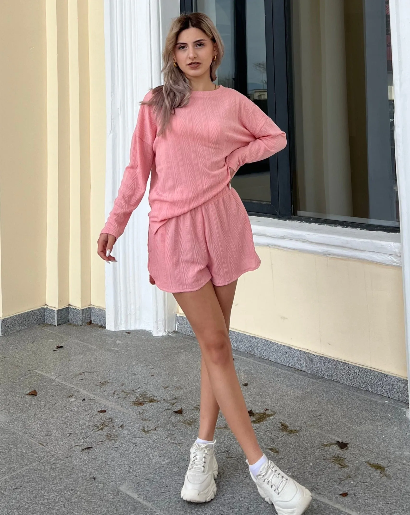 MEROKEETY Cable Knit Long Sleeve Tops and Shorts Pajamas Set