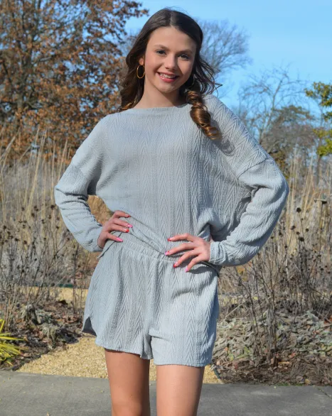 MEROKEETY Cable Knit Long Sleeve Tops and Shorts Pajamas Set