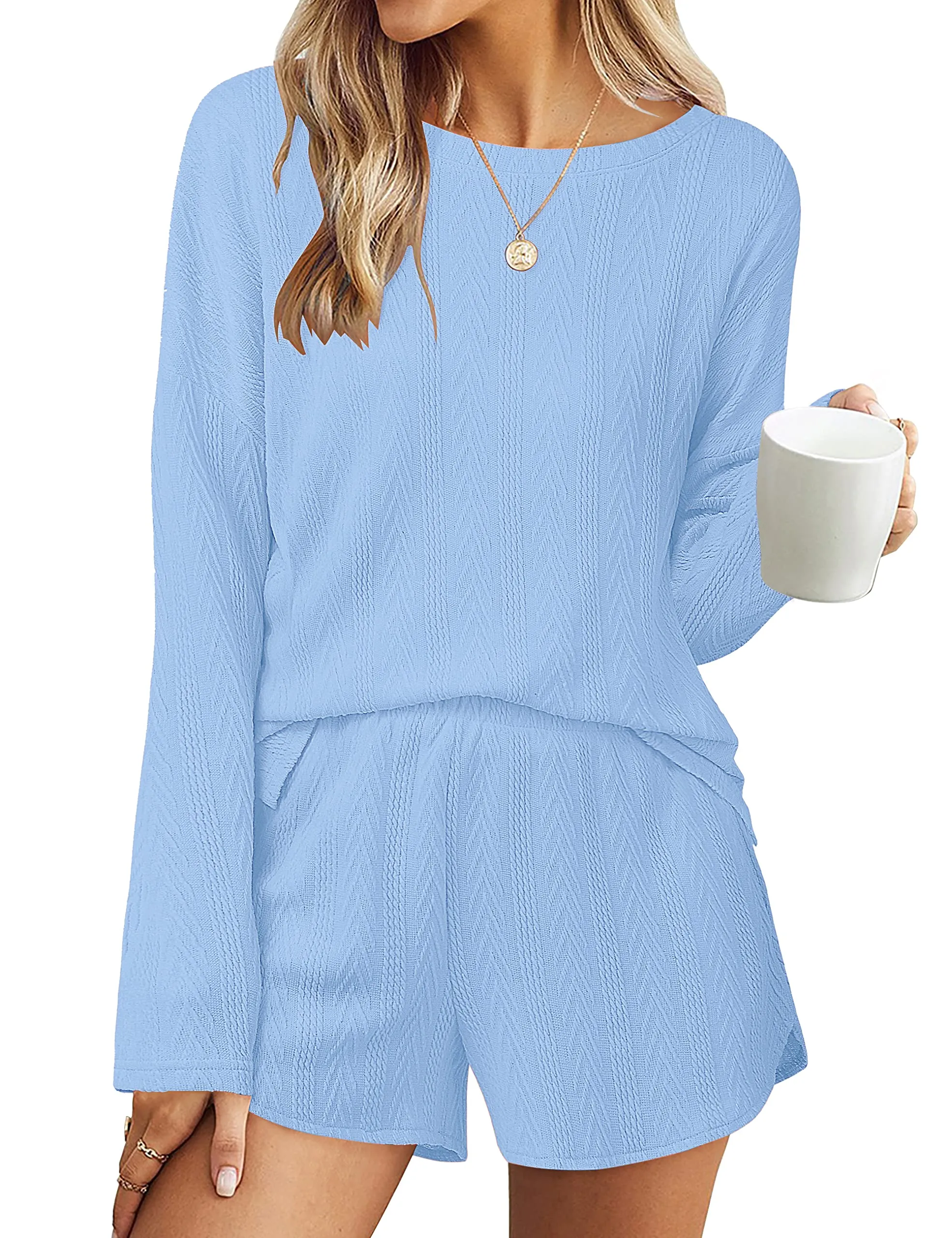 MEROKEETY Cable Knit Long Sleeve Tops and Shorts Pajamas Set