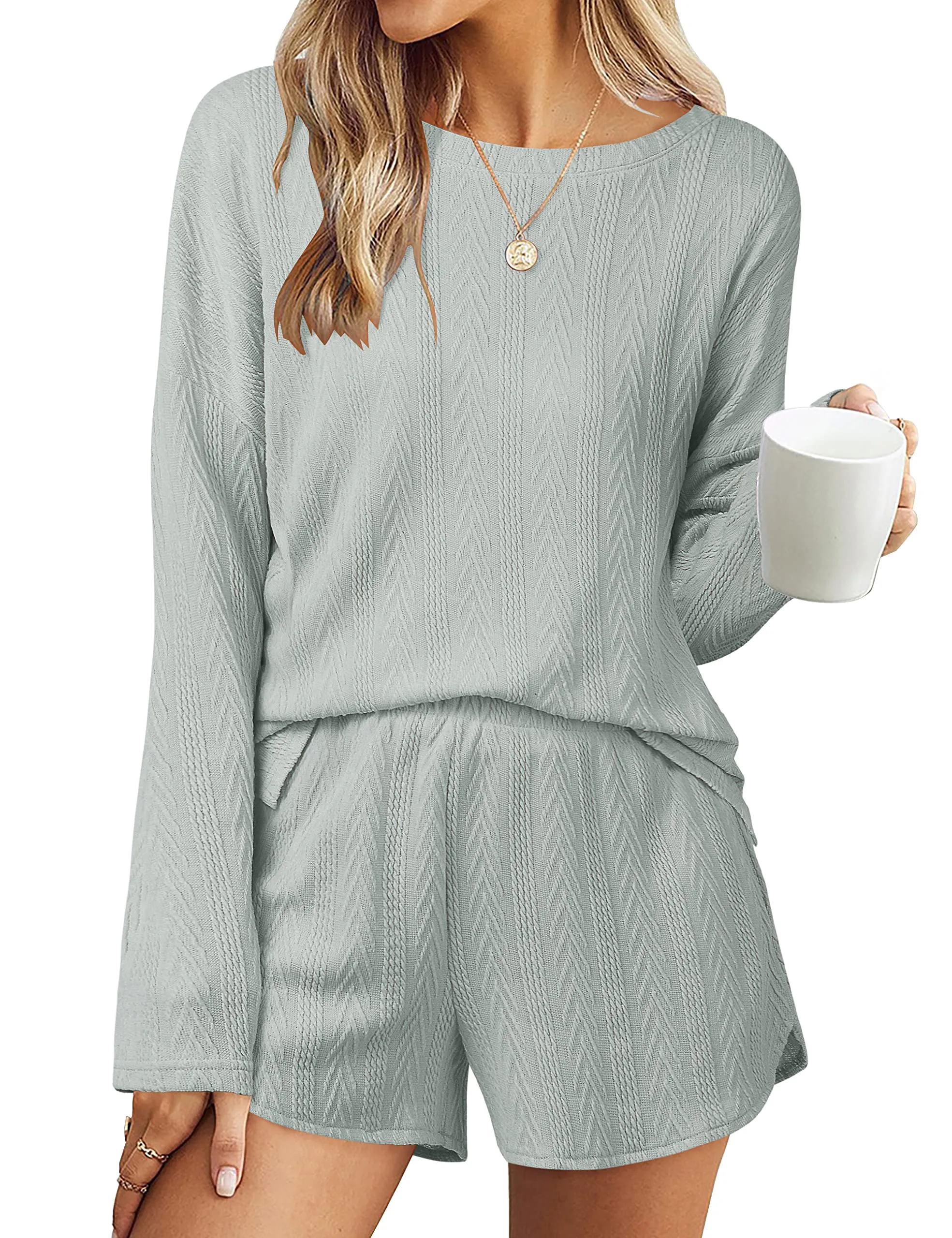MEROKEETY Cable Knit Long Sleeve Tops and Shorts Pajamas Set