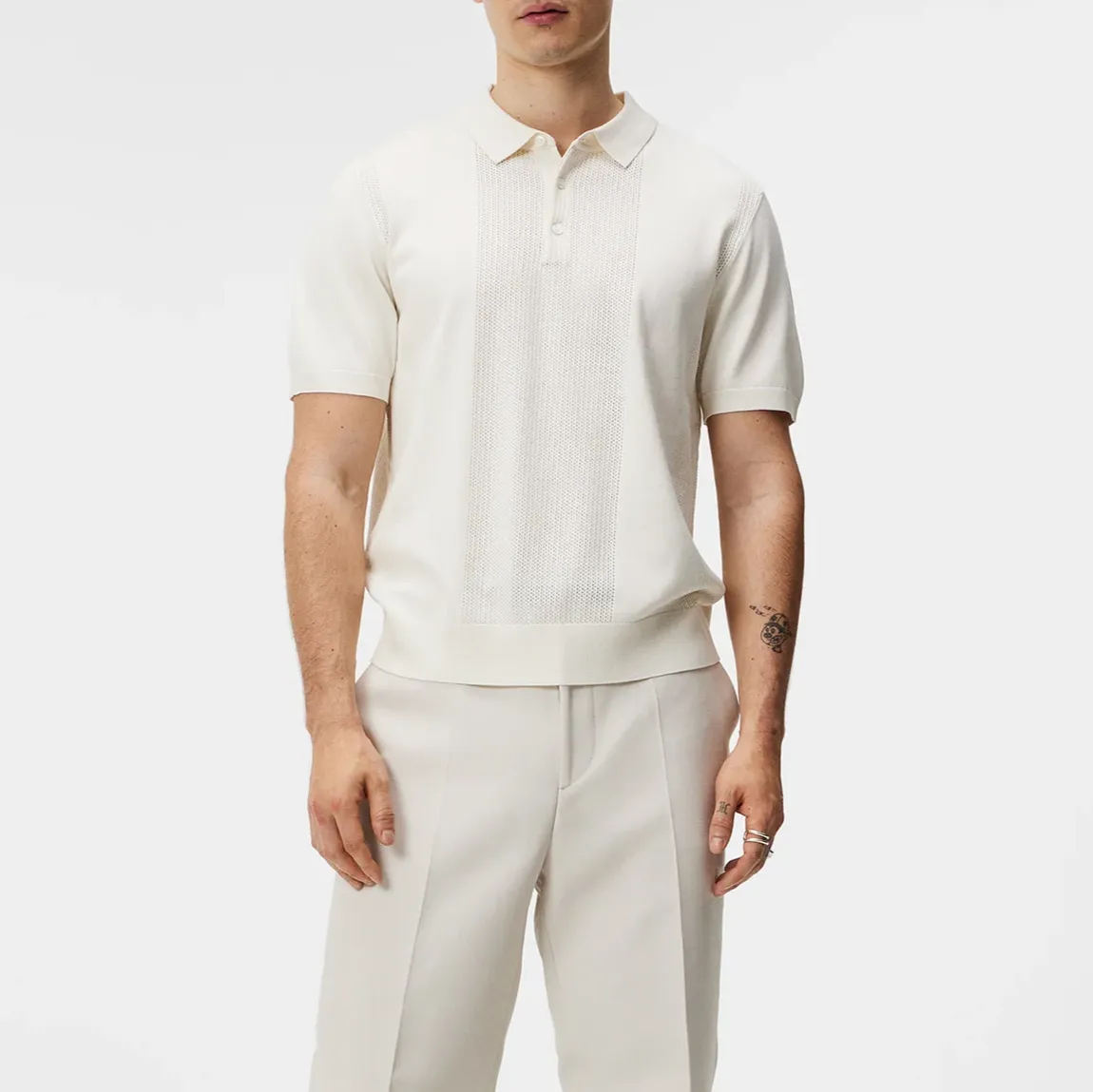 Mesh Detail Retro Knit Polo - Off-White