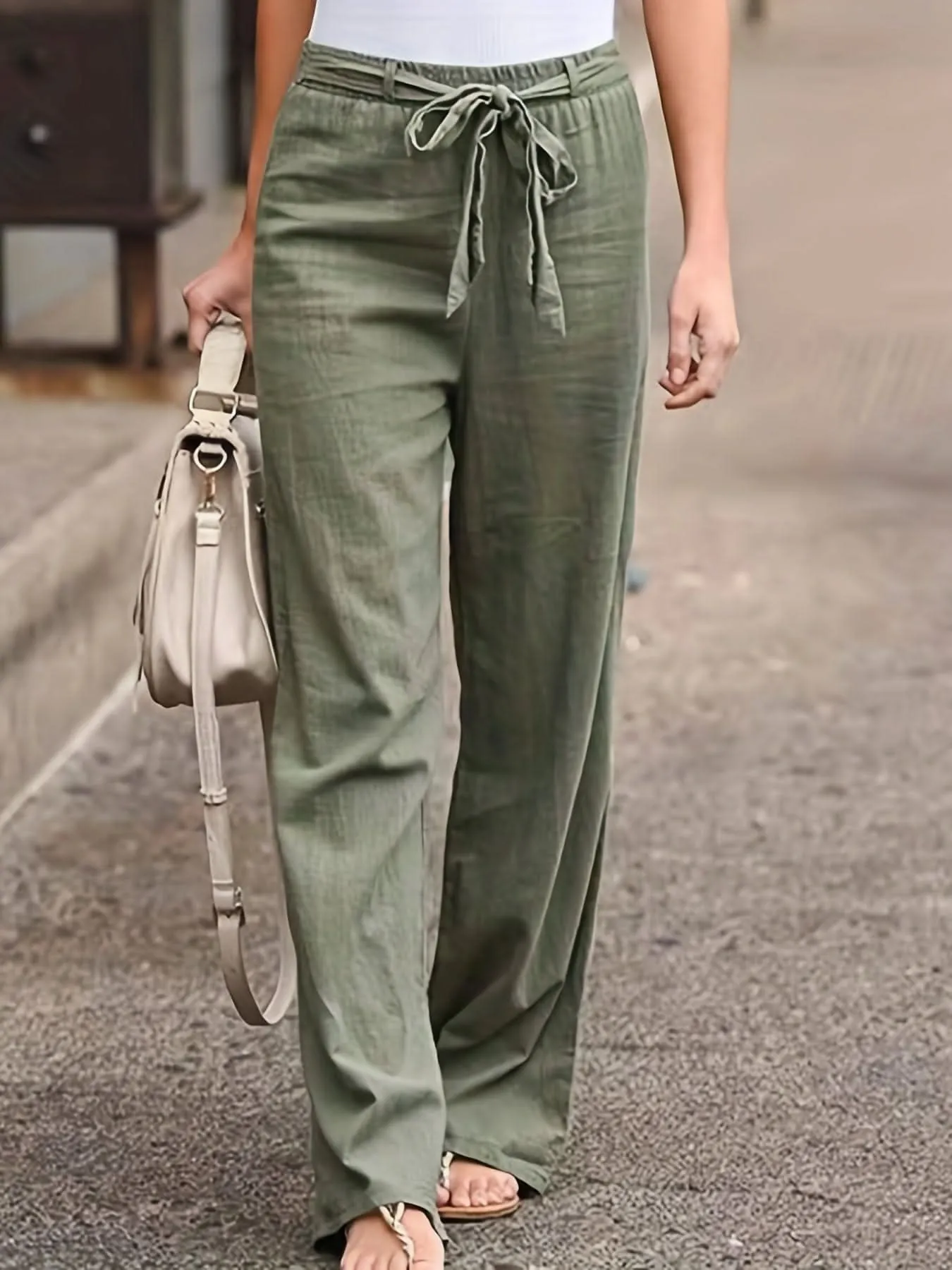 Minimalist Womens  Solid Tie Waist Long Linen Pants- By Lustmia