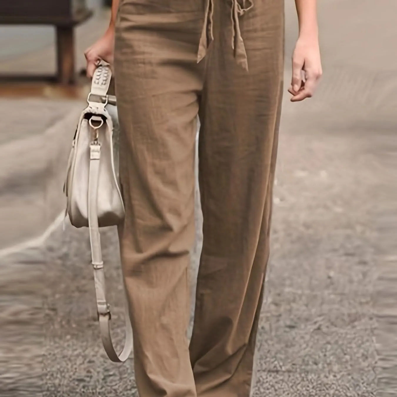 Minimalist Womens  Solid Tie Waist Long Linen Pants- By Lustmia