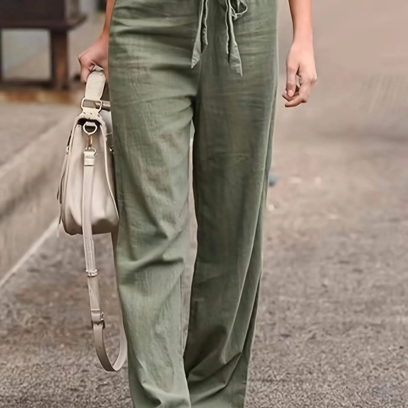 Minimalist Womens  Solid Tie Waist Long Linen Pants- By Lustmia