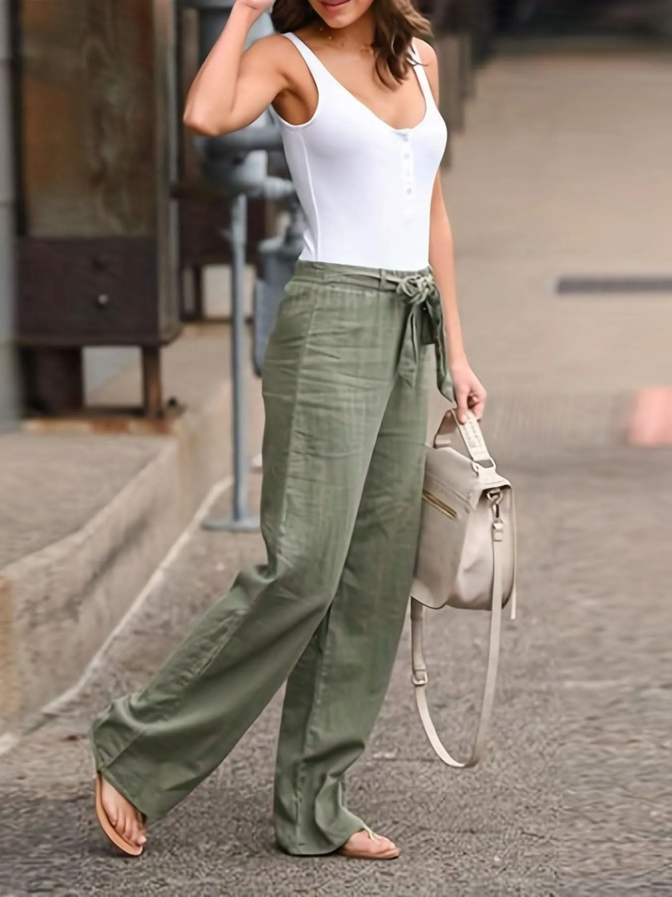 Minimalist Womens  Solid Tie Waist Long Linen Pants- By Lustmia