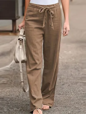 Minimalist Womens  Solid Tie Waist Long Linen Pants- By Lustmia