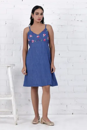 Neera Blue Hand-Embroidered & Handwoven A Line Dress