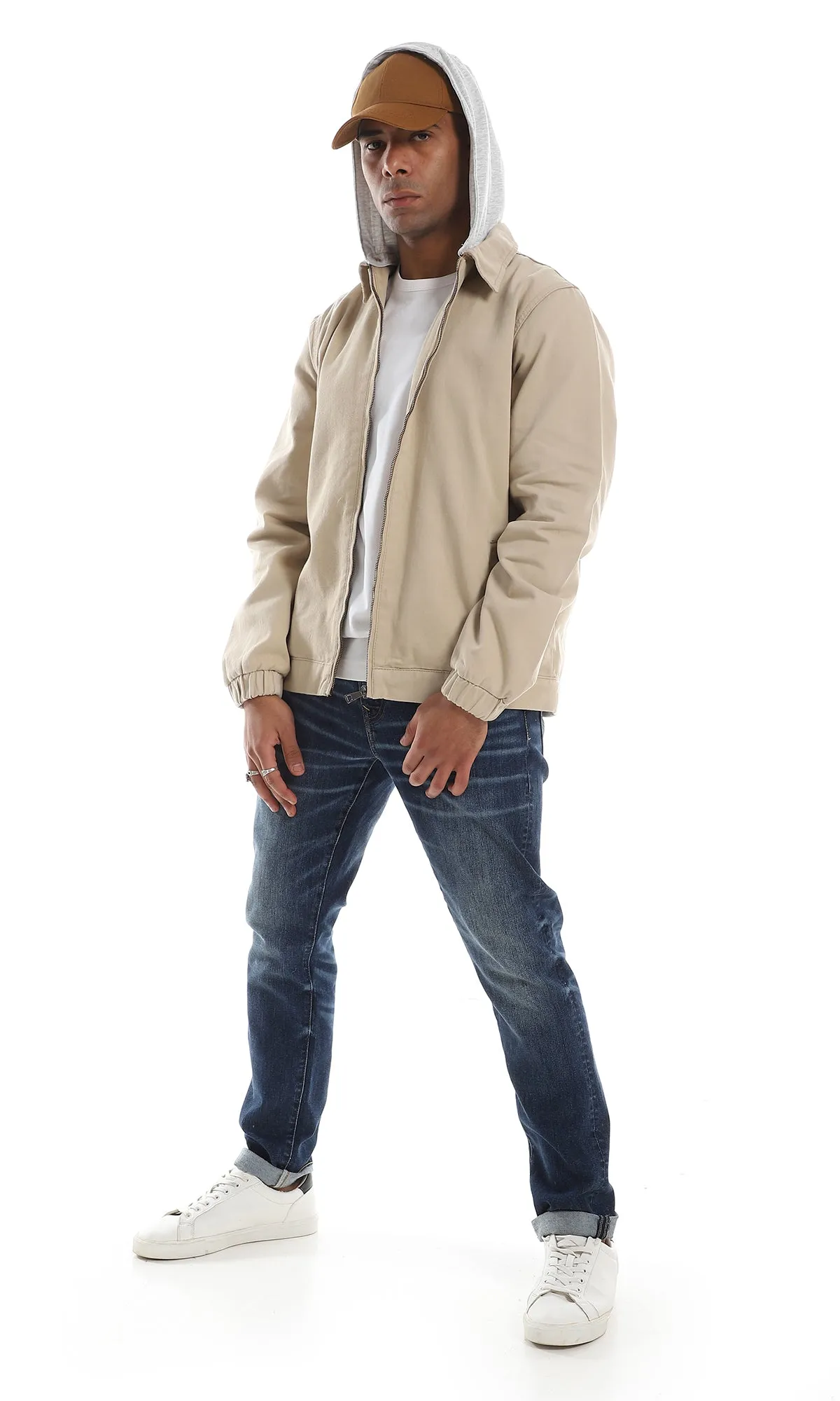 O156183 Attached Hoodie Full Zipper Lightweight Gabardine Beige Jacket