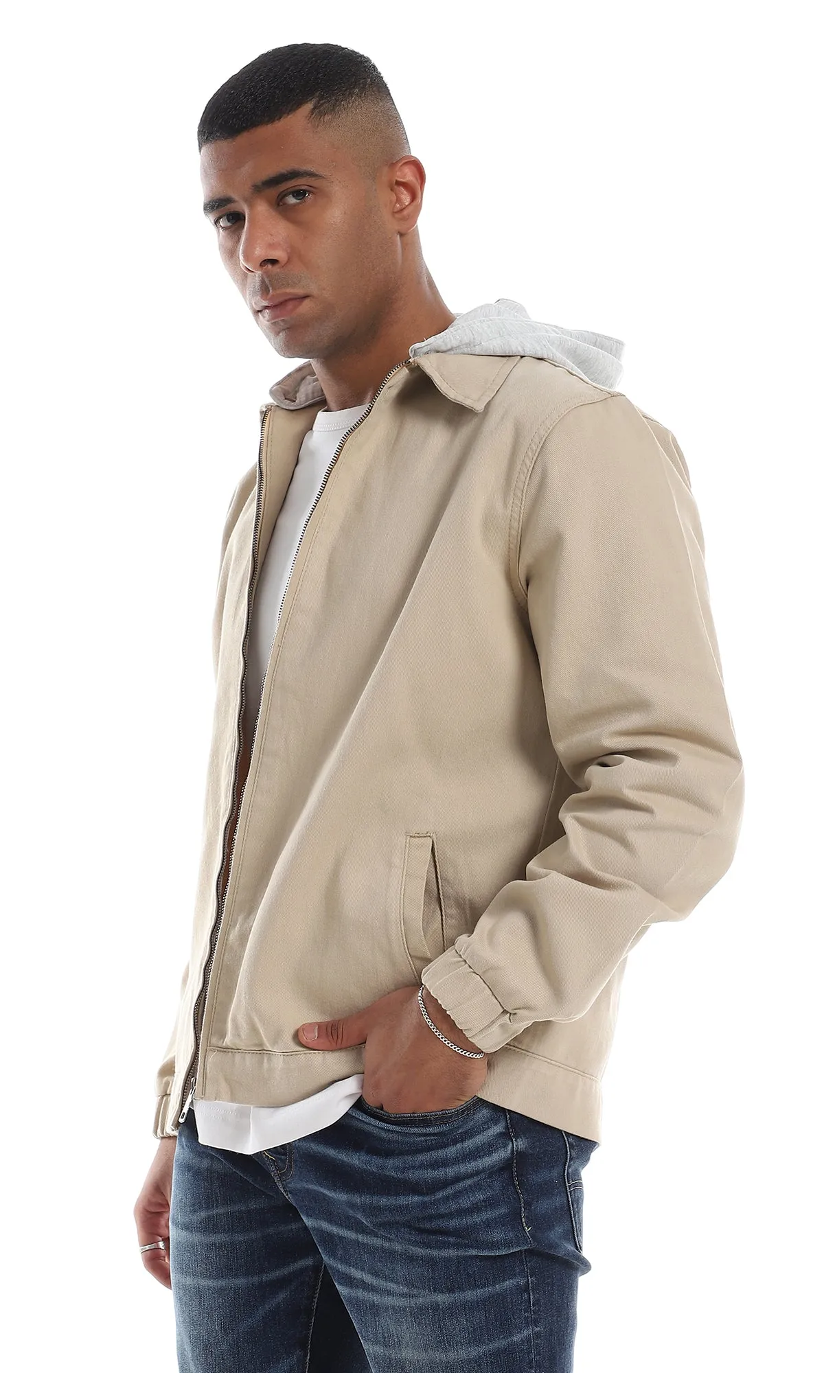 O156183 Attached Hoodie Full Zipper Lightweight Gabardine Beige Jacket