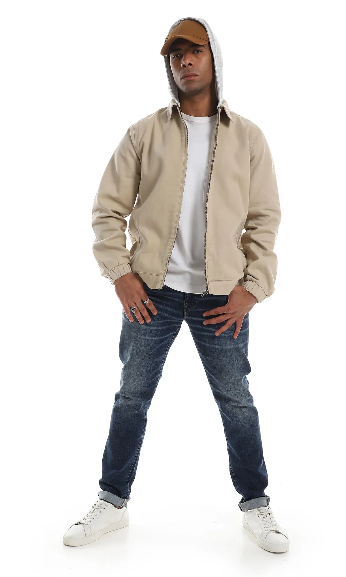O156183 Attached Hoodie Full Zipper Lightweight Gabardine Beige Jacket