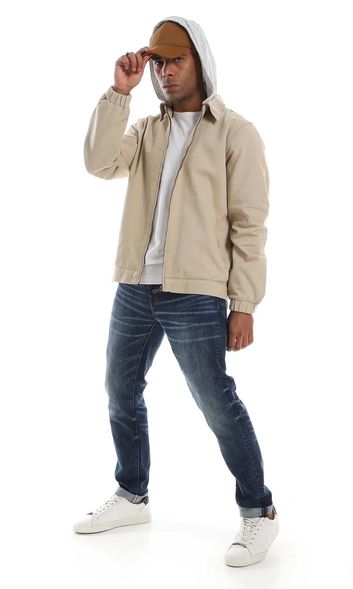 O156183 Attached Hoodie Full Zipper Lightweight Gabardine Beige Jacket