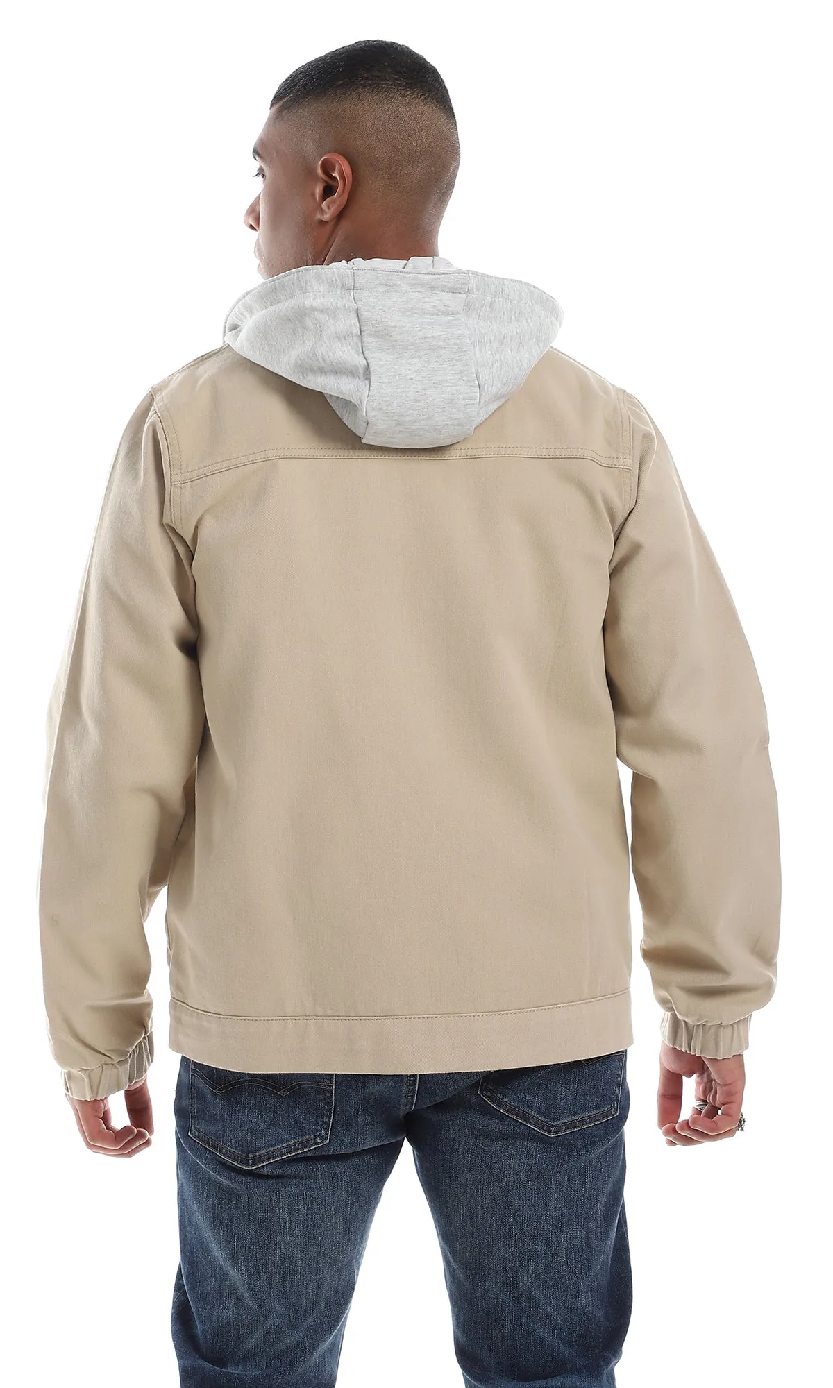 O156183 Attached Hoodie Full Zipper Lightweight Gabardine Beige Jacket