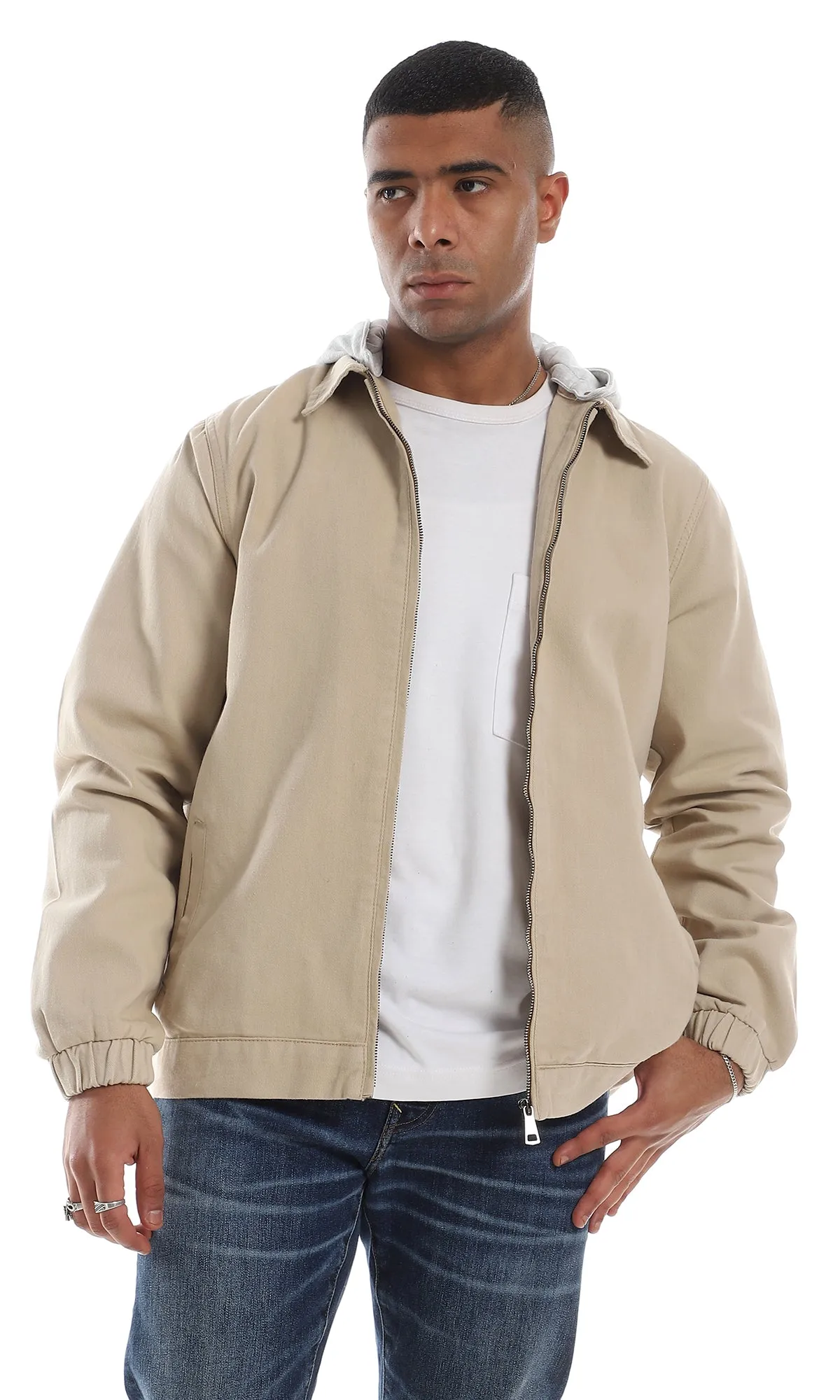 O156183 Attached Hoodie Full Zipper Lightweight Gabardine Beige Jacket