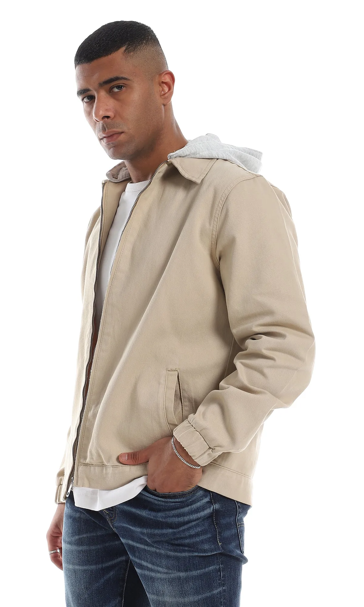 O156183 Attached Hoodie Full Zipper Lightweight Gabardine Beige Jacket