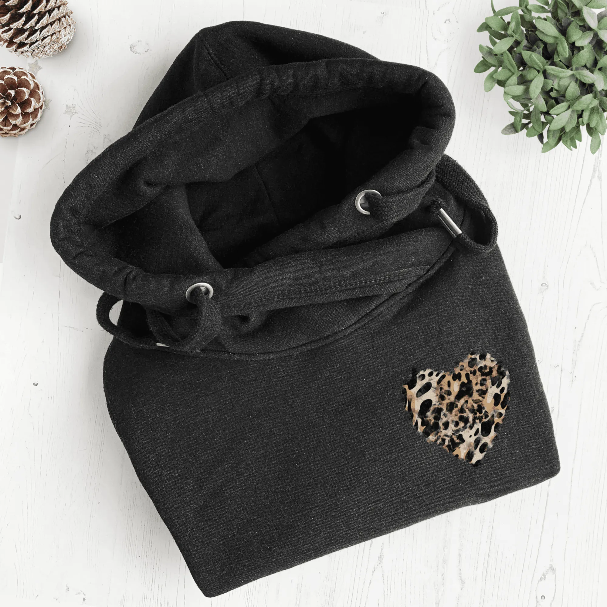 Painted Leopard Heart Smoke Grey Cowl Neck Hoodie