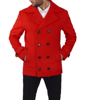 Red Double Breasted Wool Peacoat Mens - Vibrant Classic Outerwear by TJS