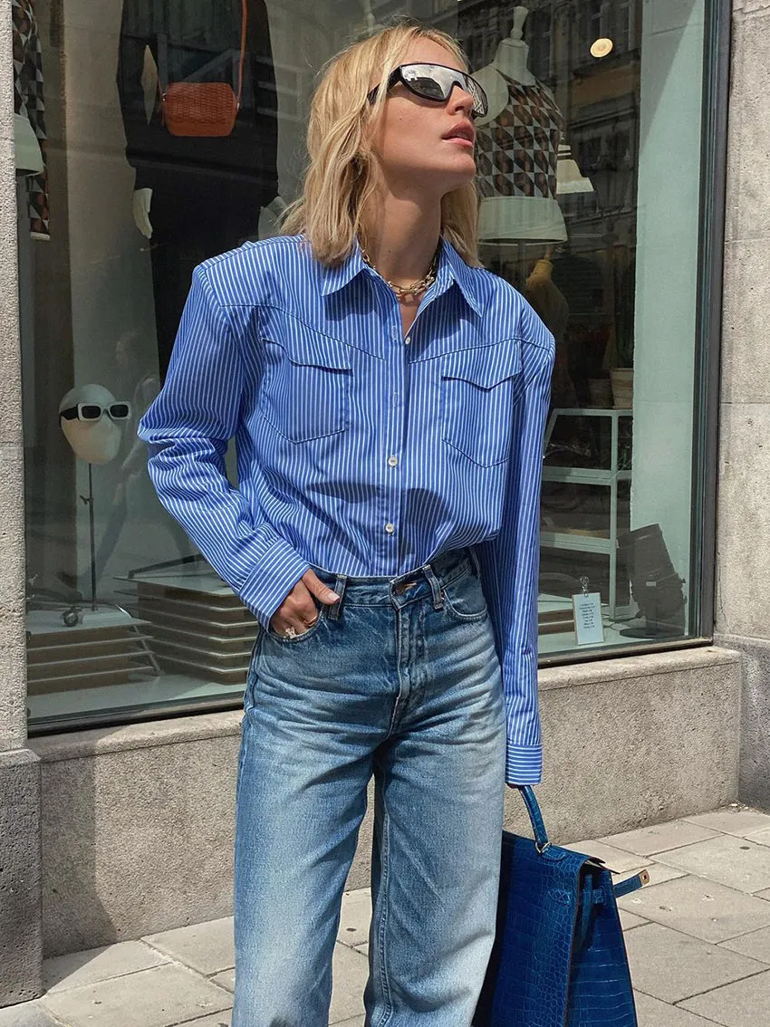 Refined Aesthetic Blue and White Striped Button Up Top