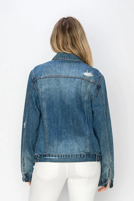 RISEN Dark Washed Distressed Button Up Jacket