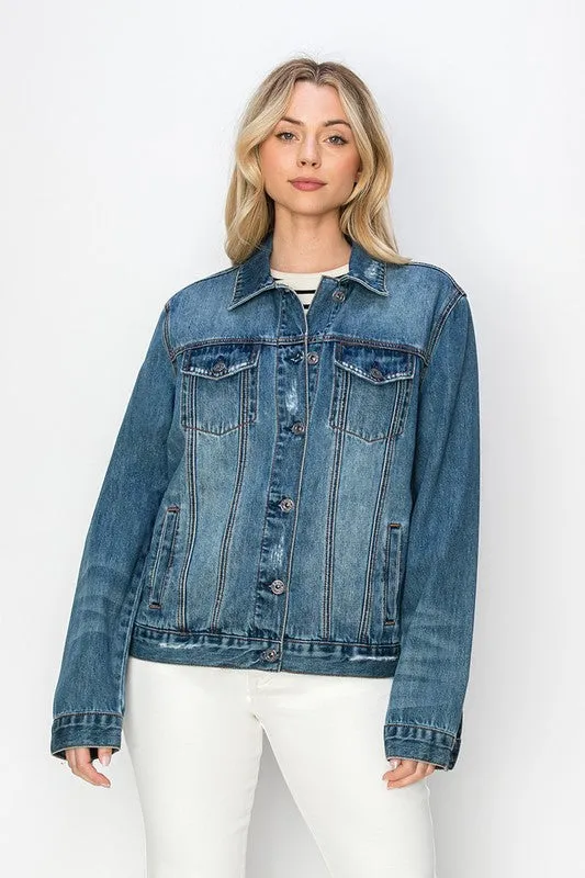 RISEN Dark Washed Distressed Button Up Jacket