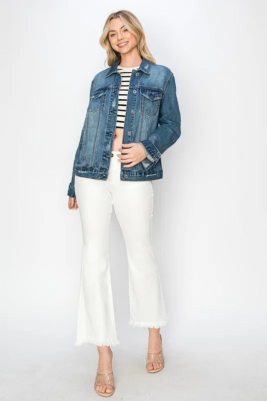 RISEN Dark Washed Distressed Button Up Jacket
