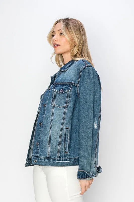 RISEN Dark Washed Distressed Button Up Jacket